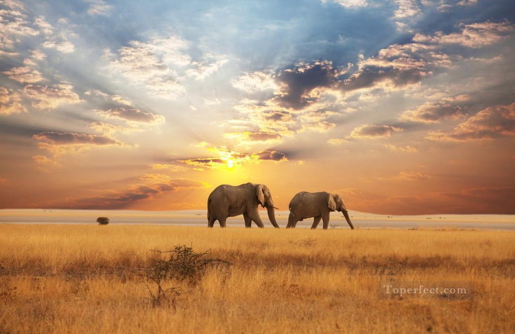 Elephants Walking on Autumn Grassland Sunset Painting from Photos to Art Oil Paintings
